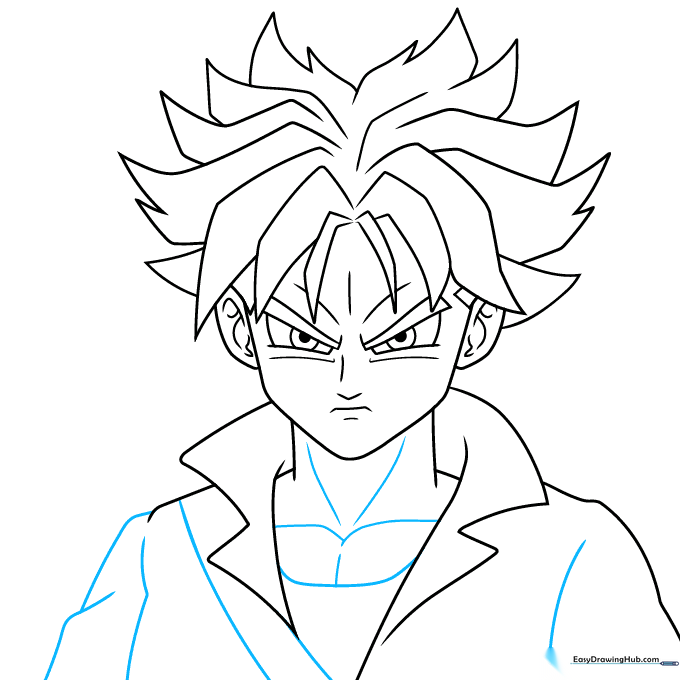 Adding jacket lapels and chest muscle definition using soft, curved lines.