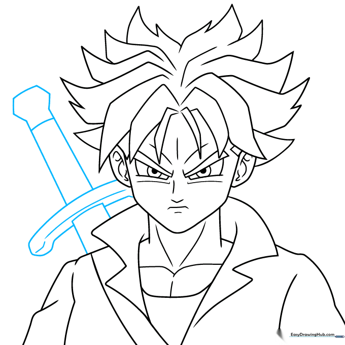Drawing the sword hilt and scabbard positioned diagonally across the character's back.