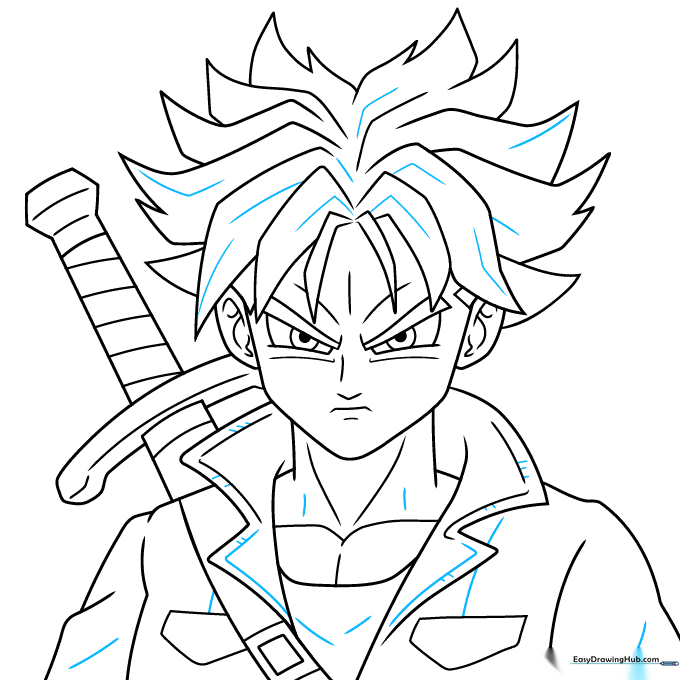 Final inked outline of Future Trunks with added texture lines for hair and clothing.