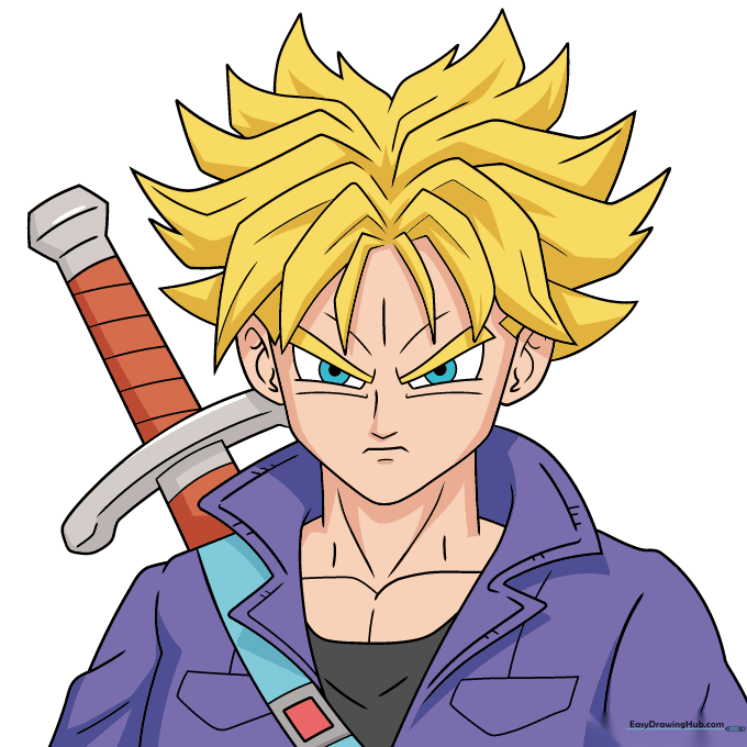 Fully colored illustration of Future Trunks showing his signature lavender hair and jacket.