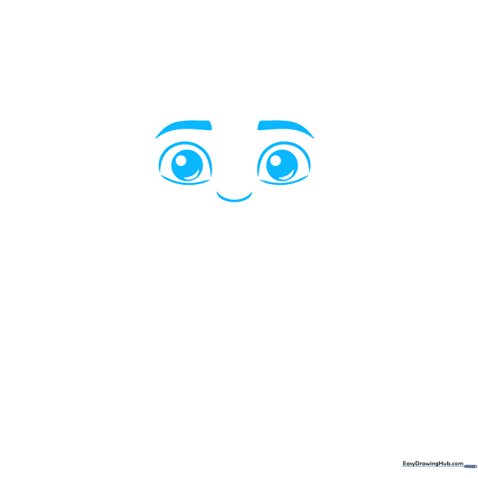 Pencil sketch showing two circular eyes with highlights and arched eyebrows for Gabby's face.