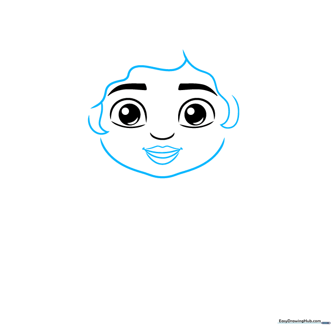 Close-up of Gabby's face with a smiling mouth and wavy hair outlines.