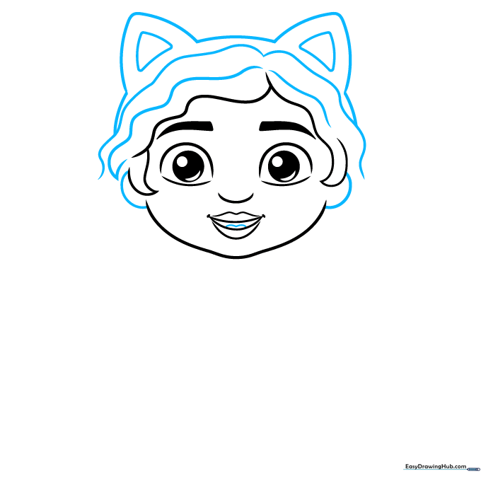 Drawing of Gabby's head featuring triangular cat ears and detailed facial features.