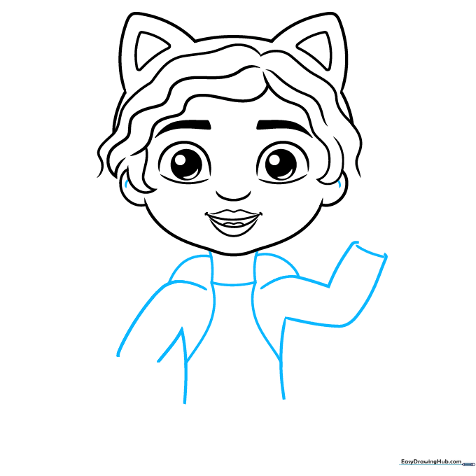 Upper body sketch of Gabby showing her neck, shoulders, and jacket outline.
