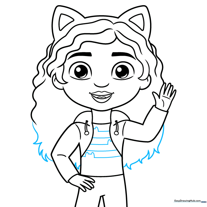 Refining the hair texture and shirt details on the Gabby character sketch.