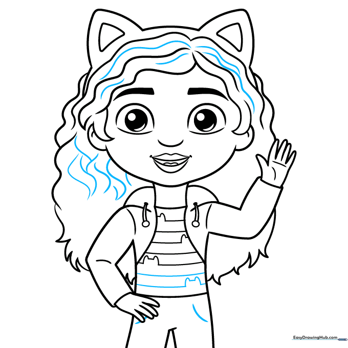 Adding final touches like pockets and hair texture to the Gabby drawing.