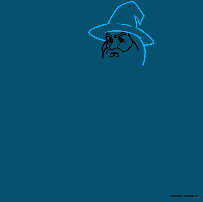 Line art of Gandalf wearing his signature tall, pointed wizard hat.