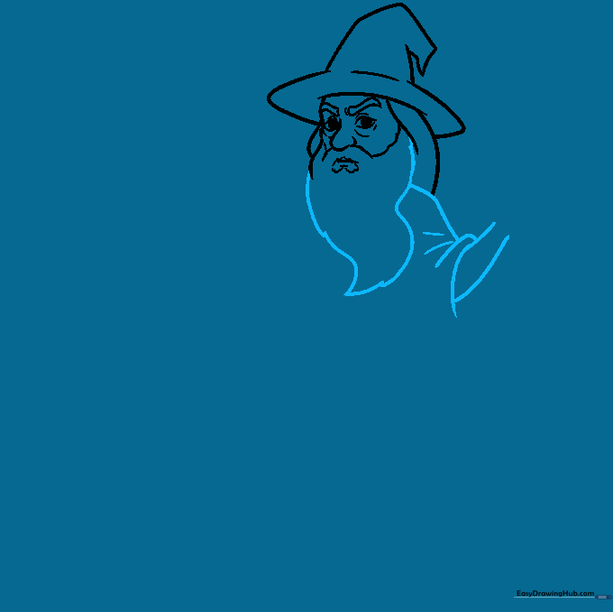 Pencil sketch showing the long, pointed beard and the outline of a wizard sleeve.
