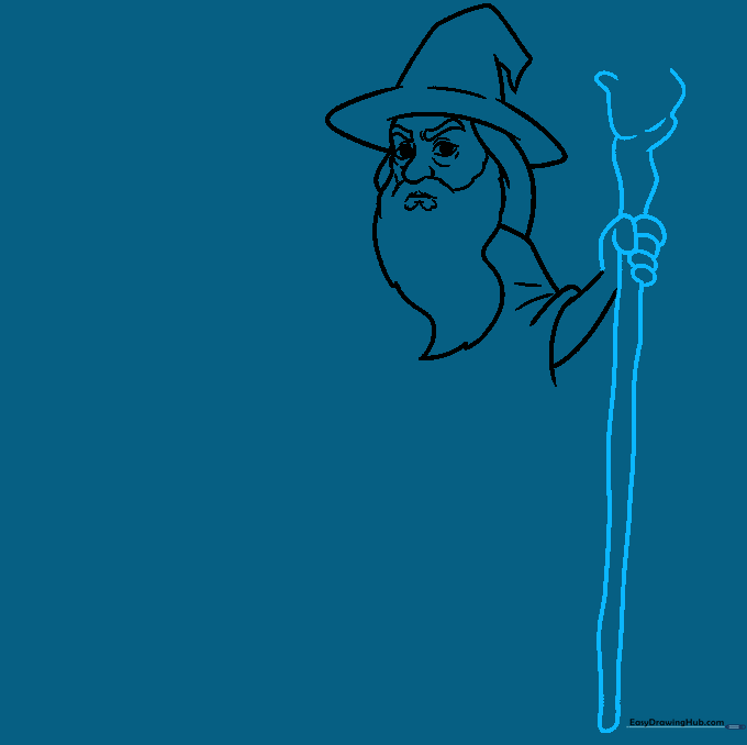 Drawing of Gandalf's hand holding his wooden staff with detailed finger placement.