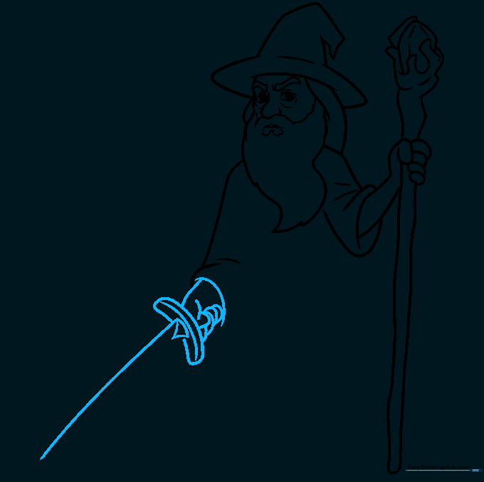 Pencil drawing of a sword being held, showing the cross-guard and blade structure.