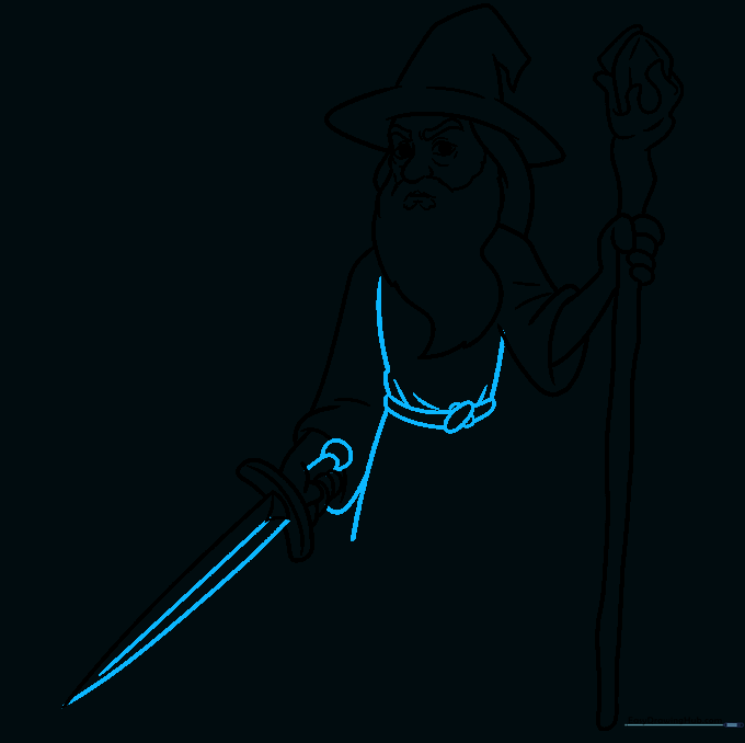 Sketch of Gandalf's torso, belt, and robe details with clear fabric folds.