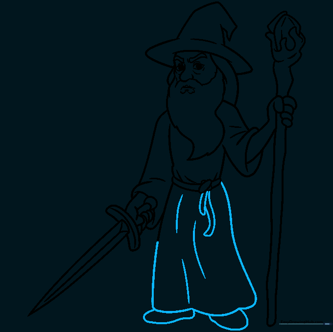 Final line art of Gandalf's full-length robe and feet, completing the character outline.