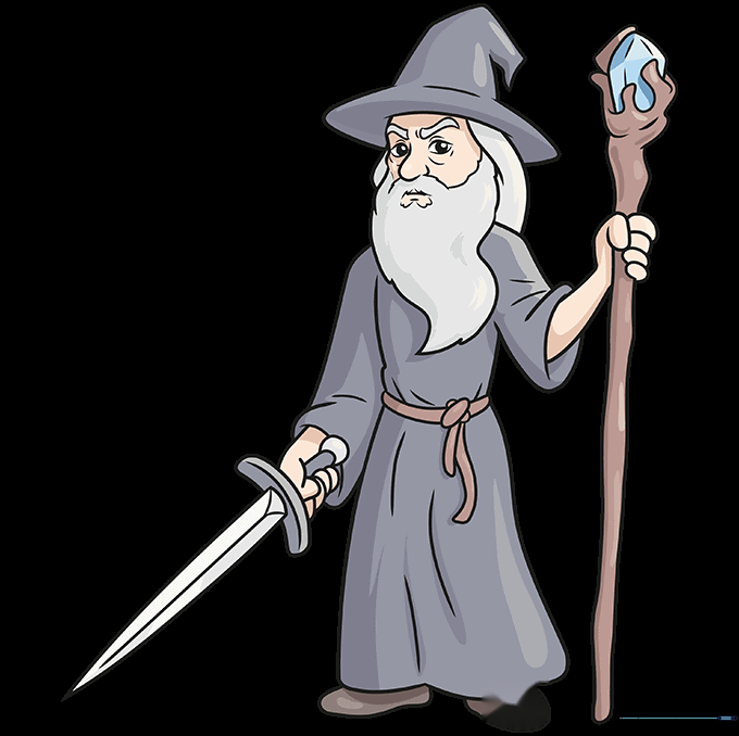 Finished, colored illustration of Gandalf the wizard in his classic grey robes.