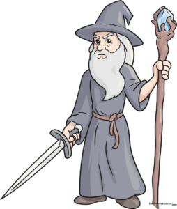 Colorful, high-quality illustration of Gandalf holding his staff and sword, ready for a drawing tutorial.