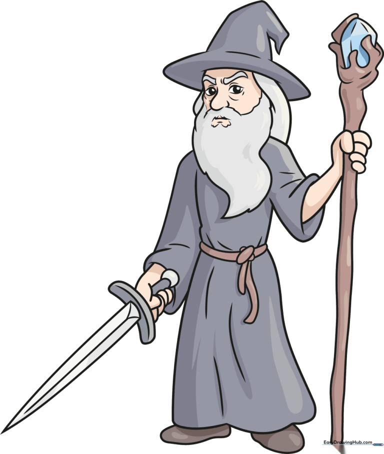 Colorful, high-quality illustration of Gandalf holding his staff and sword, ready for a drawing tutorial.