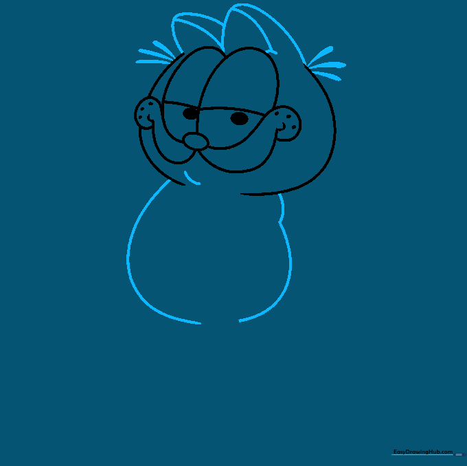 Drawing of Garfield's head with ears, fur tufts, and the initial circular body shape.