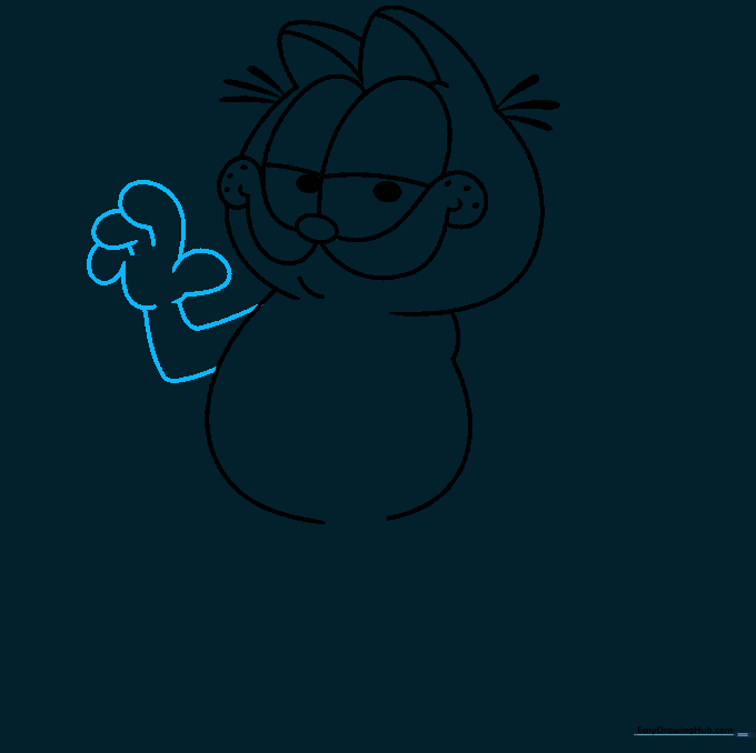 Detailed pencil sketch of Garfield's first arm and hand resting against his body.