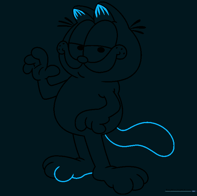 Pencil sketch showing the completed feet and the addition of Garfield's tail.