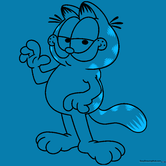 Pencil sketch showing the addition of Garfield's signature stripes on his face and body.