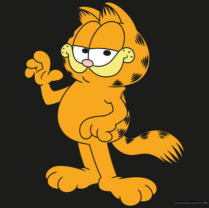 Final colored illustration of Garfield the cat, orange fur with black stripes.