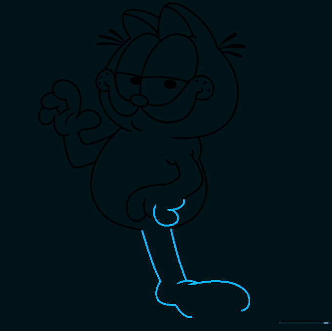 Pencil sketch of Garfield's completed hand and the start of his leg and foot.