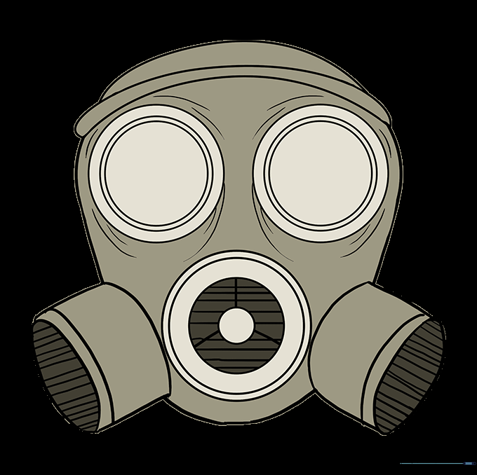 The completed gas mask drawing colored in shades of military green and brown.
