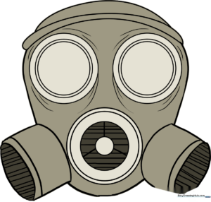 A finished, colored illustration of a gas mask, showcasing the final result of the tutorial.