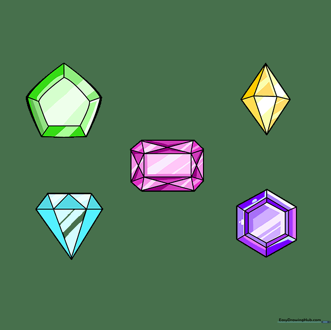 A colorful collection of finished gemstones, showing various colors and shading techniques.