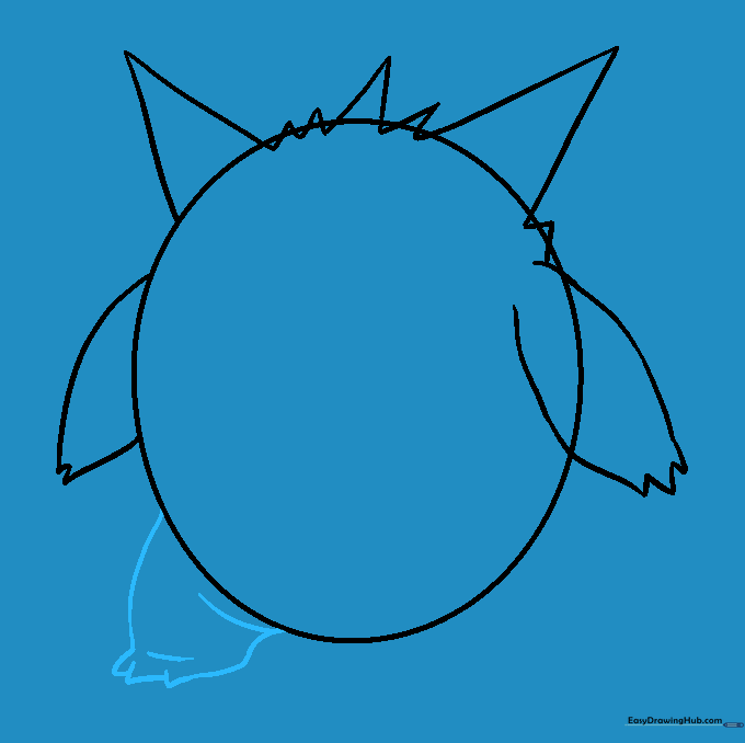 Drawing the first leg at the bottom of the oval with V-shaped toes.
