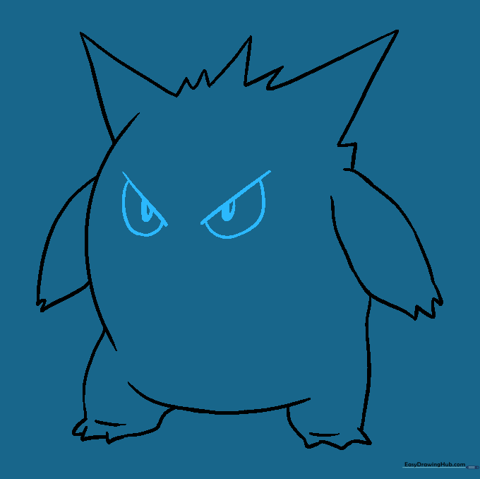 Drawing Gengar's signature slanted eyes with pupils and highlights.