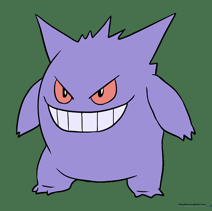 The final Gengar drawing colored in purple with red eyes and white teeth.