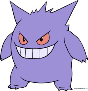 A vibrant, finished illustration of Gengar, the Ghost-type Pokémon, ready for coloring.