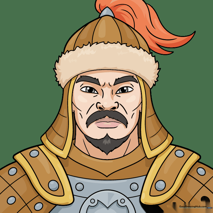 Finished Genghis Khan drawing colored with bronze, gold, and silver metallic tones.