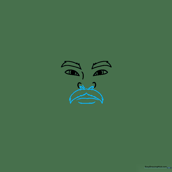 Detailed drawing of the nose and mustache area with sketchy lines for facial hair.