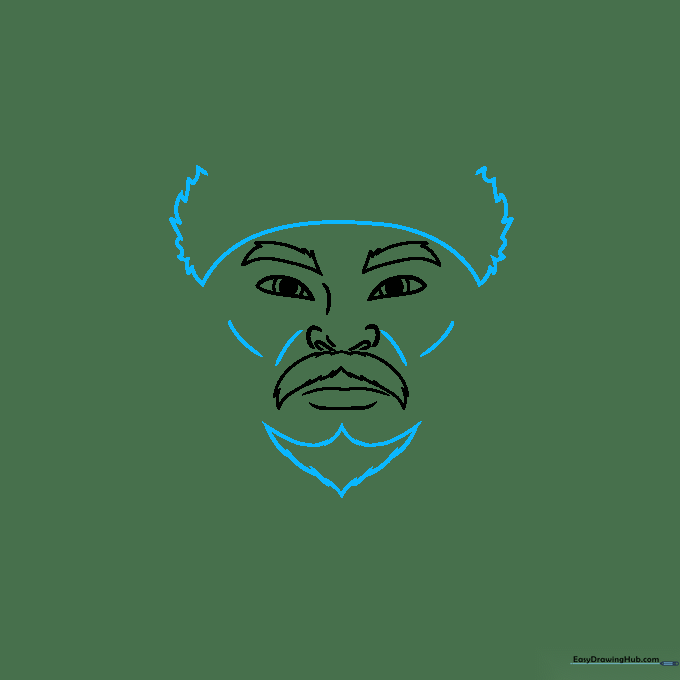 Drawing the jawline and facial hair structure for the Genghis Khan portrait.