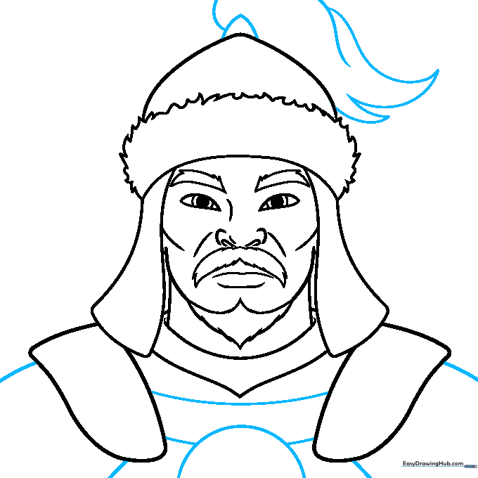 Drawing the flame-like decorative top of the helmet and chest armor.