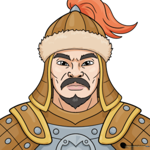 A completed, colorful portrait of Genghis Khan in historical armor.