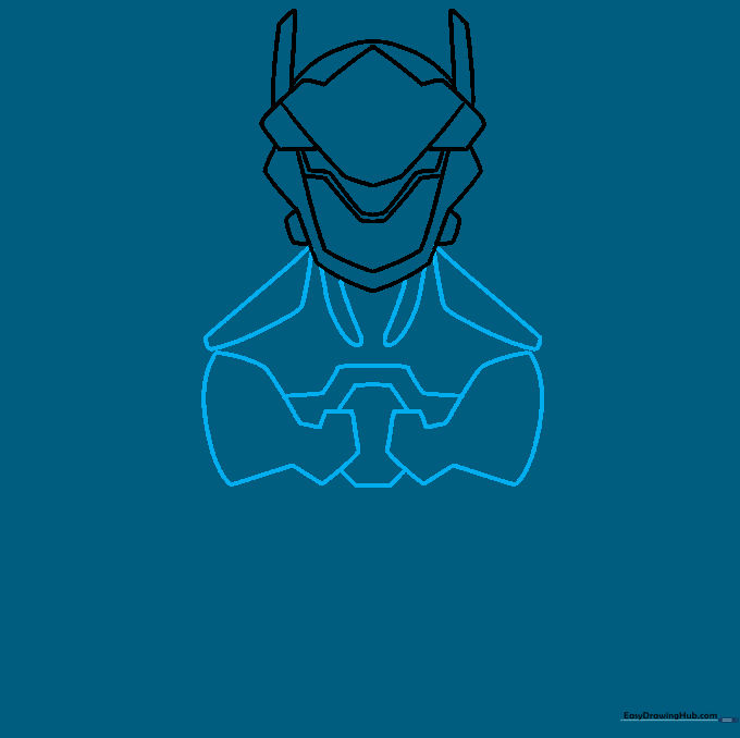Sketching the upper torso and shoulder armor plates.