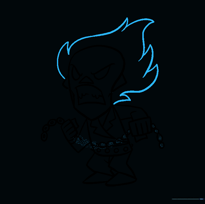 Sketching the jagged, flame-like hair around the skull.