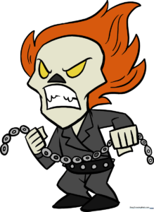 Finished illustration of Ghost Rider with flaming skull and chain.