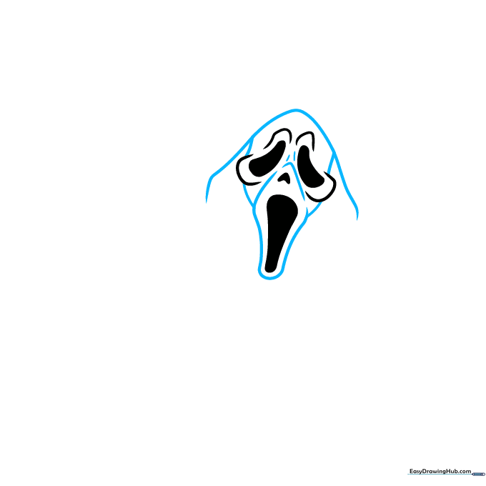 Drawing the elongated mask outline connecting the eyes and mouth to the hood.