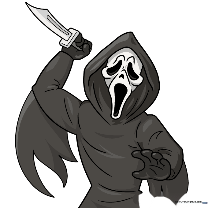 The finished Ghostface drawing colored with a white mask and black cloak.
