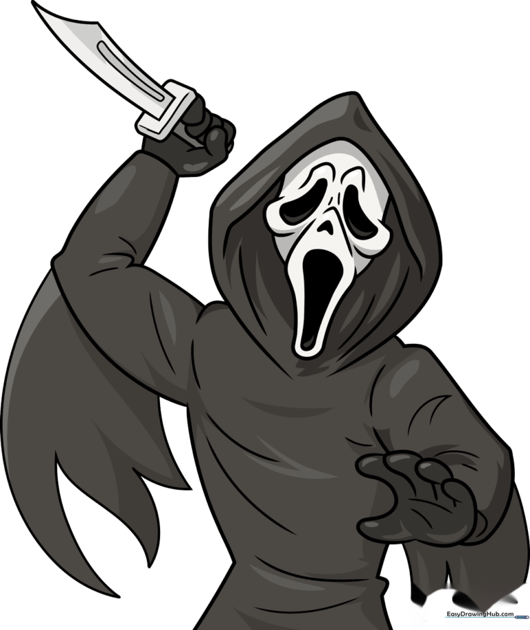 A completed, high-quality illustration of Ghostface from Scream, ready for coloring.