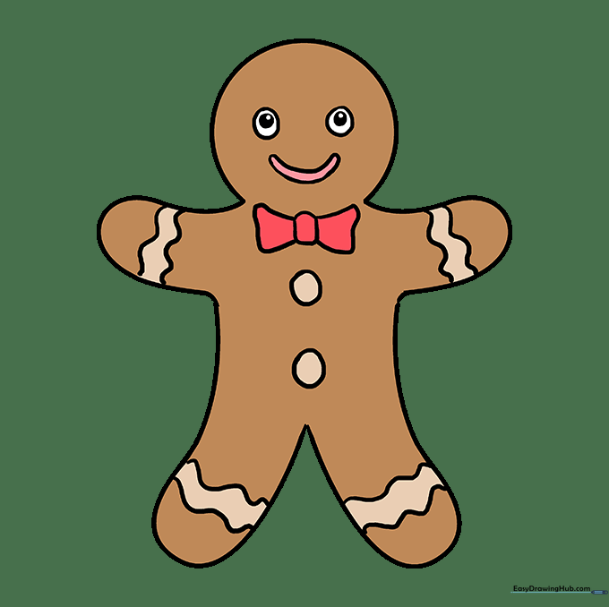 The finished, colored gingerbread man drawing with golden brown skin and decorative icing.