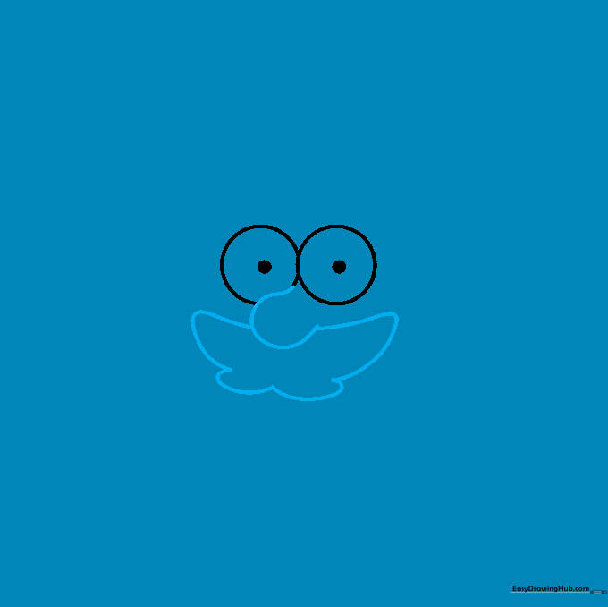 A small curved nose and a wide, butterfly-shaped mustache outline.
