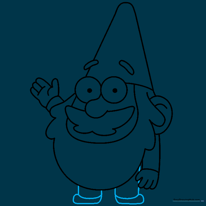 The gnome's legs and rounded shoes drawn at the base of the body.