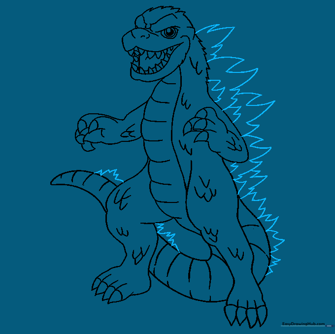 Godzilla's back and tail adorned with jagged, triangular dorsal spikes.