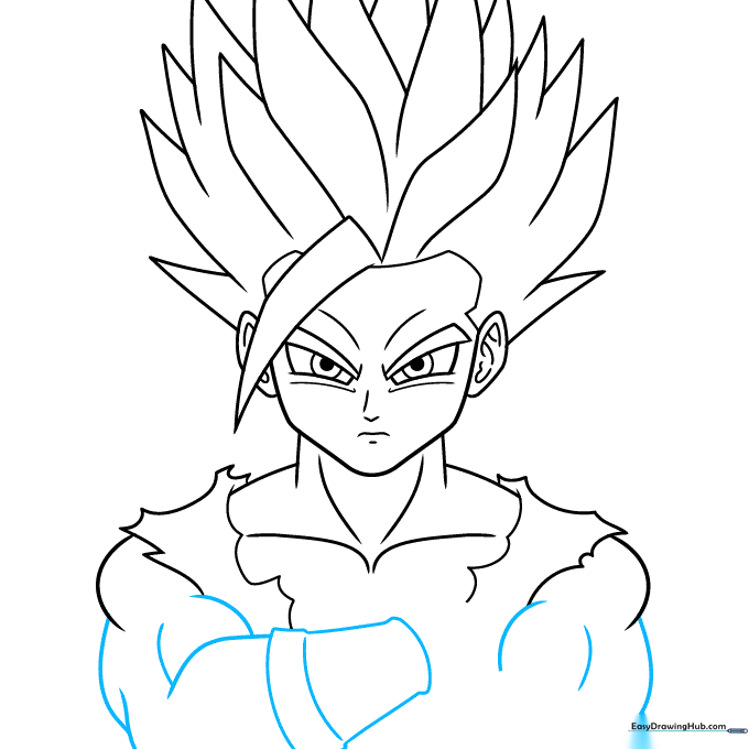 Drawing Gohan's wrist gauntlets and arm definition.