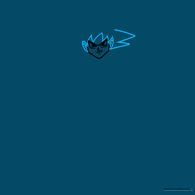 Drawing the outline of Goku Black's spiky hair and ears using sharp zigzag lines.