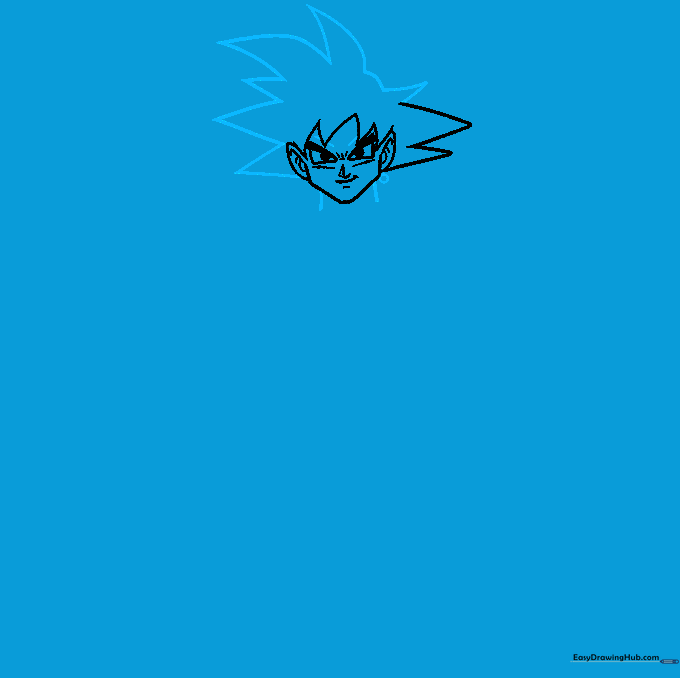 Adding the neck and final hair spikes to the Goku Black head sketch.